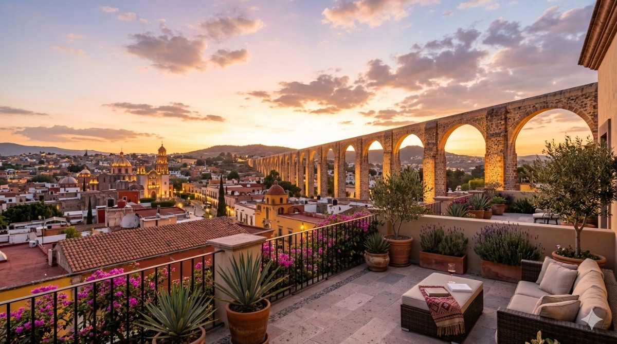 Querétaro aqueduct with blooming jacaranda tree at sunset