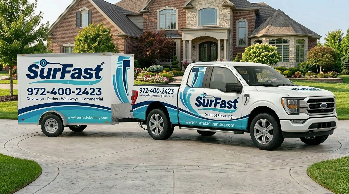 Professional pressure washing equipment in use