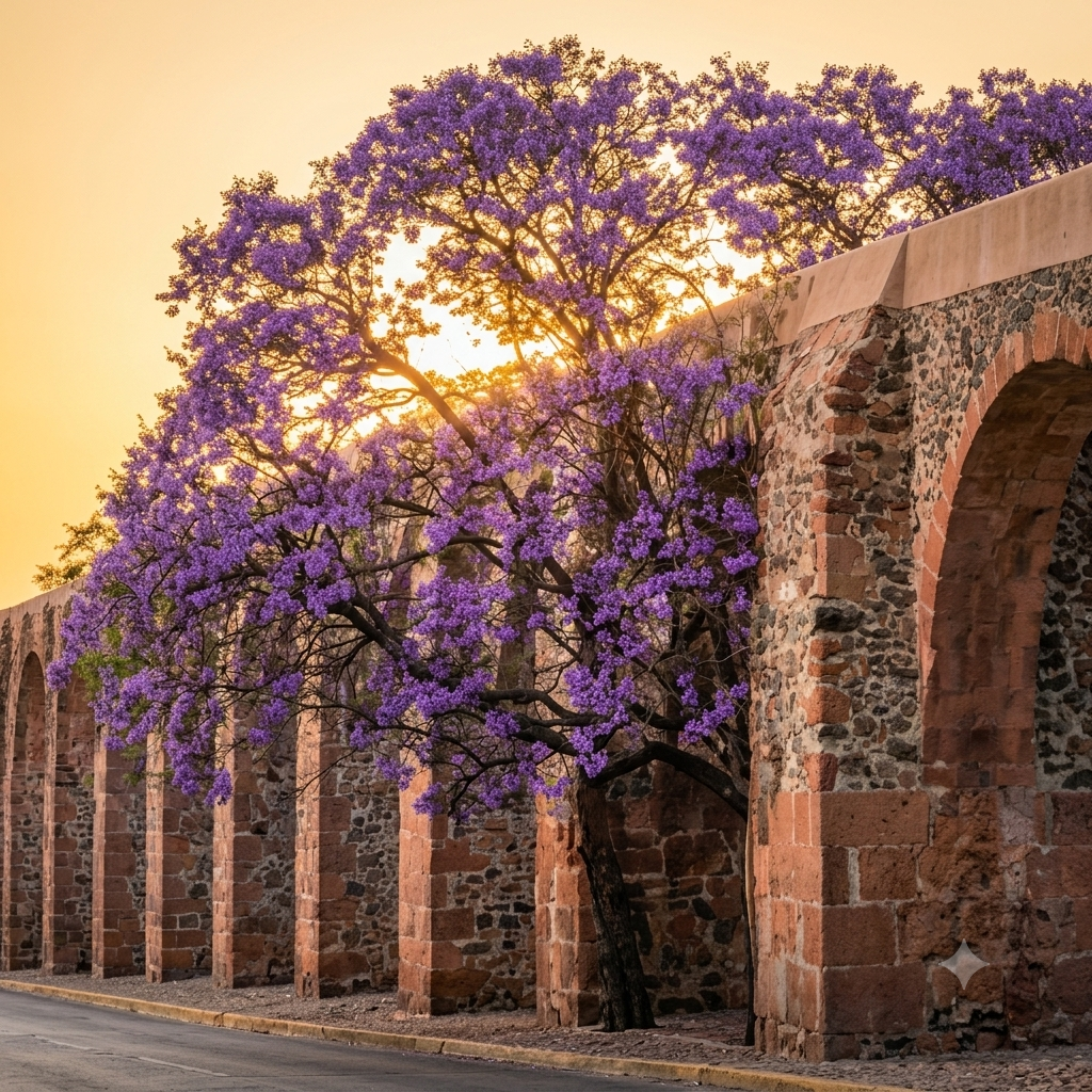 Querétaro aqueduct with blooming jacaranda tree at sunset