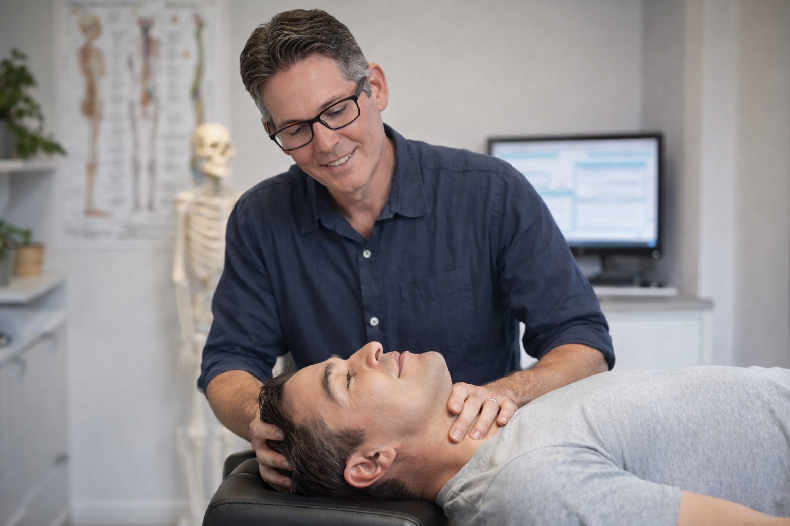 Chiropractor performing neck adjustment on patient